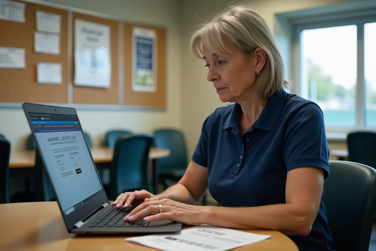 Bénévole de club sportif suivant une formation sur l'extranet FBI V2 devant un ordinateur portable dans un bureau associatif