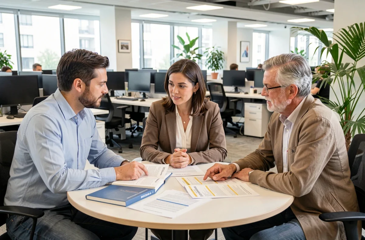 Groupe de managers en formation discutant des obligations légales liées aux sanctions disciplinaires et à la non-discrimination en entreprise