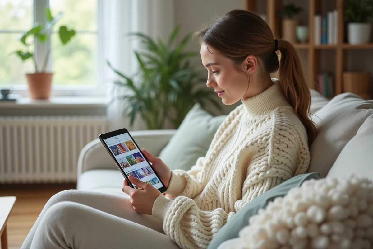 Freelance créative consultant des ressources graphiques sur tablette depuis son domicile pour choisir entre abonnement et achat ponctuel