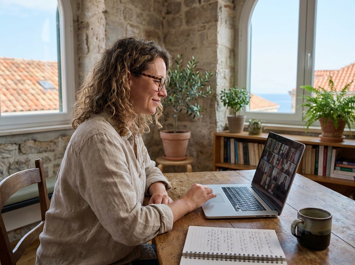 Freelance travaillant en visioconférence depuis un espace de coworking à Marseille avec vue sur les toits méditerranéens