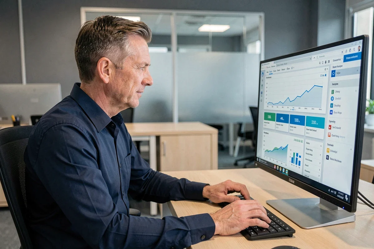 Gérant d'entreprise utilisant le logiciel Elgeaweb V3 sur un grand écran dans un bureau moderne