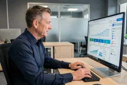 Gérant d'entreprise utilisant le logiciel Elgeaweb V3 sur un grand écran dans un bureau moderne