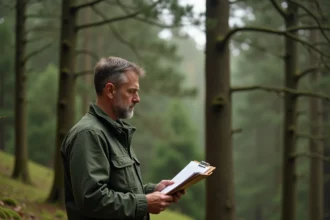 Gestionnaire forestier en veste verte consultant des documents de contrat à la lisière d'une forêt mixte