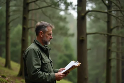 Gestionnaire forestier en veste verte consultant des documents de contrat à la lisière d'une forêt mixte