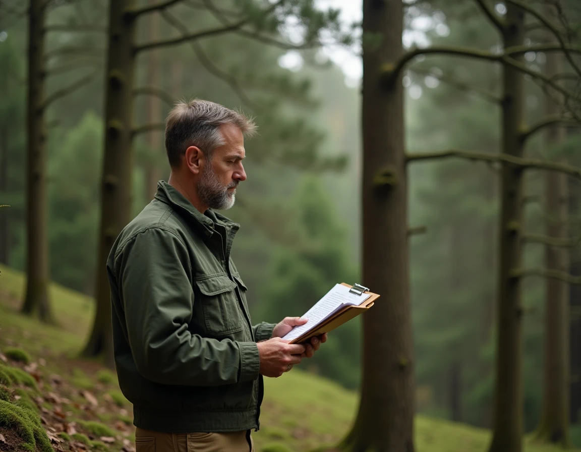 Gestionnaire forestier en veste verte consultant des documents de contrat à la lisière d'une forêt mixte