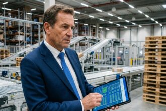 Manager logistique en costume bleu examine plans sur tablette