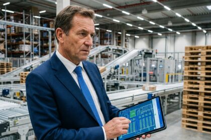 Manager logistique en costume bleu examine plans sur tablette