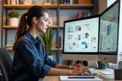 Graphiste freelance comparant un abonnement Envato Elements et des achats à l'unité sur son ordinateur de bureau dans un studio créatif moderne