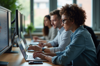 Groupe divers d'adultes en formation en ligne dans un espace moderne