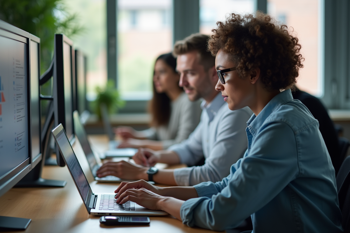 Groupe divers d'adultes en formation en ligne dans un espace moderne