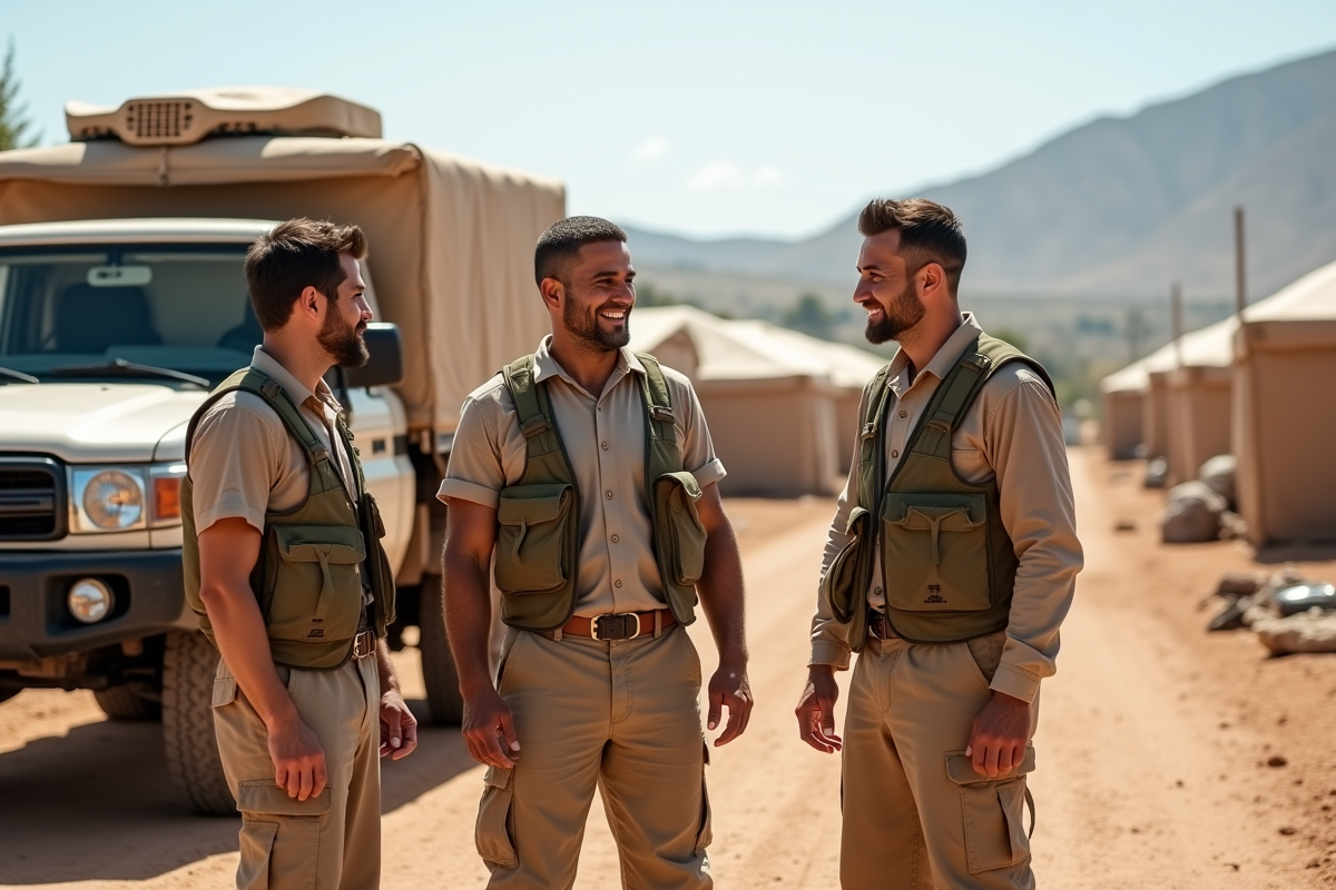 Groupe de bénévoles discutant près d un véhicule en plein air