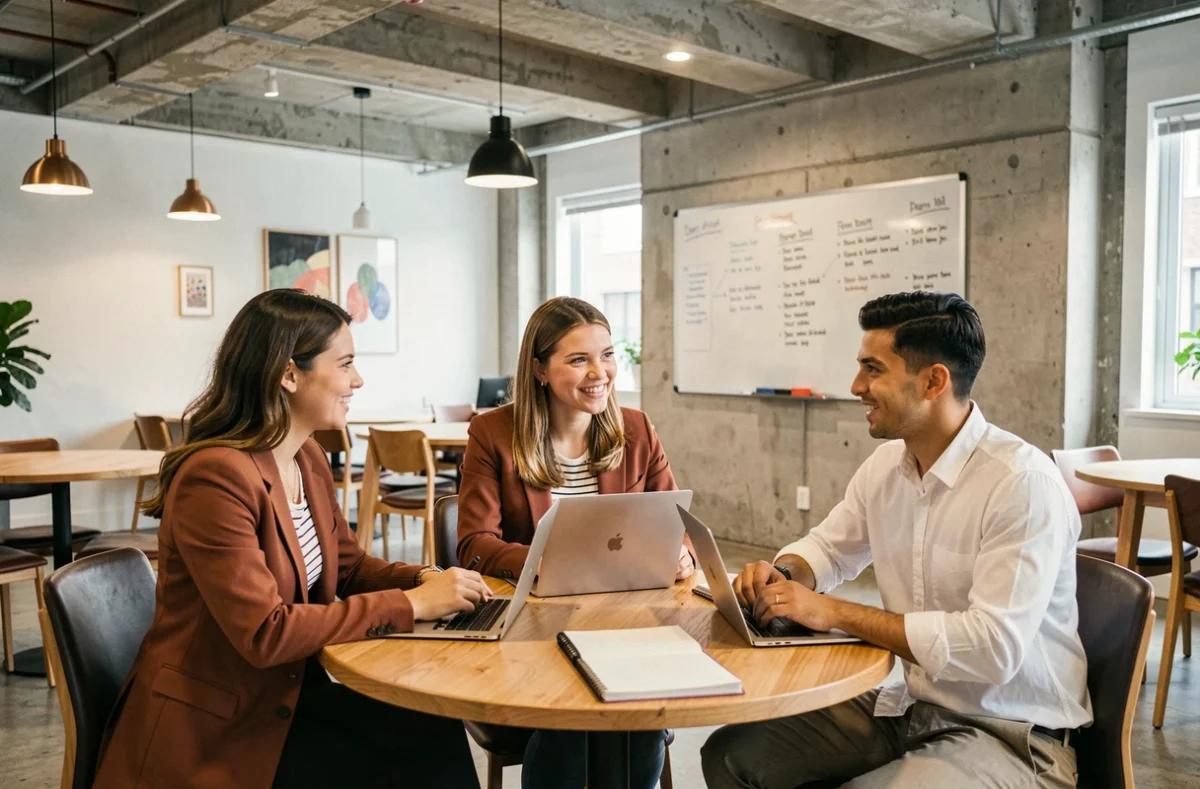 Groupe de professionnels en réunion collaborative dans un espace de coworking à Metz avec tableau blanc