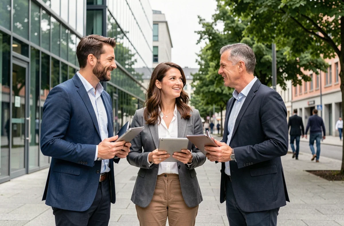 Groupe de consultants en portage salarial échangeant devant un immeuble de bureaux à Strasbourg