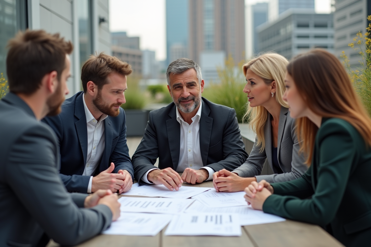 Groupe diversifié discutant de plans de succession en extérieur