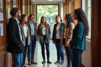 Groupe d'étudiants divers dans un couloir universitaire