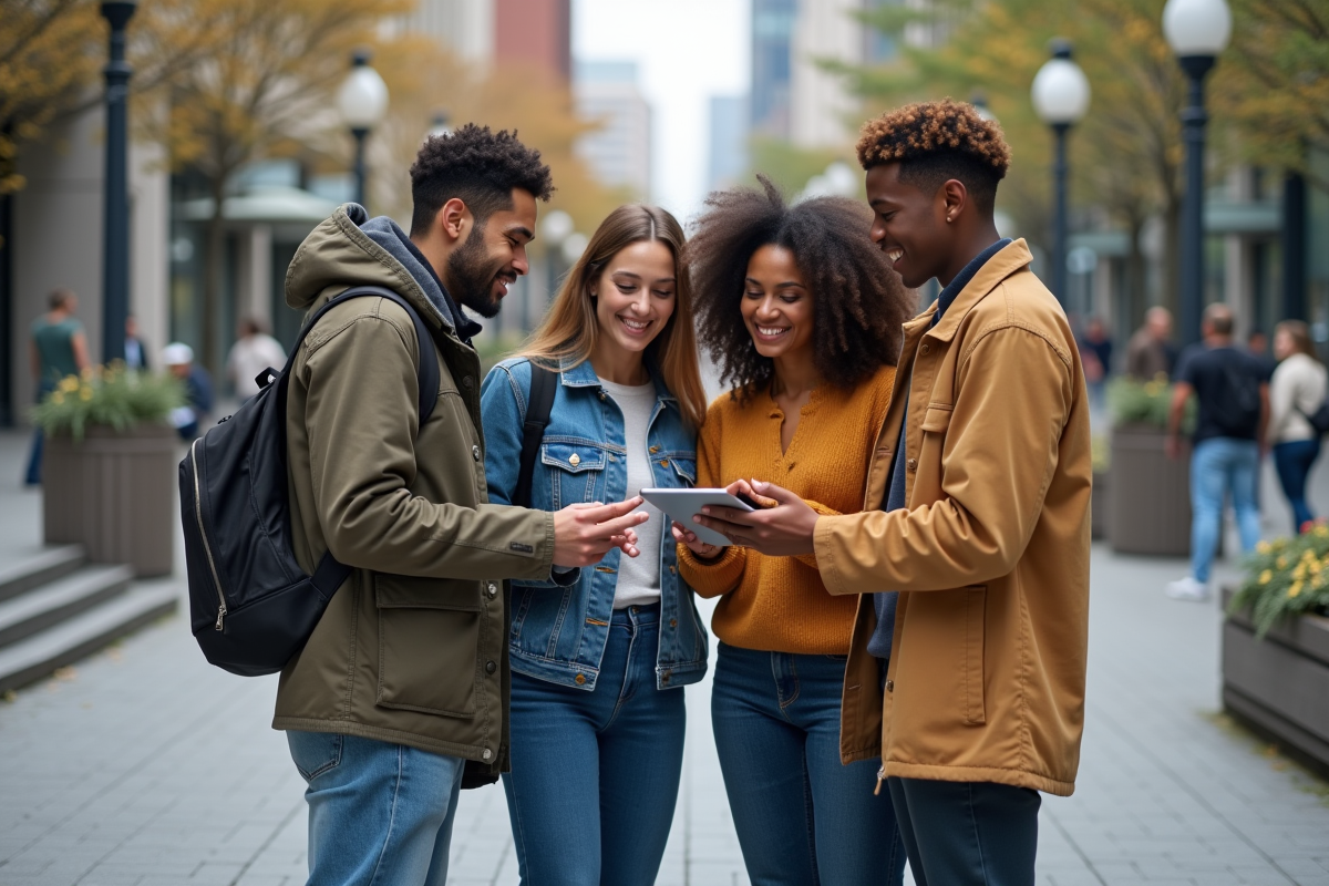 Groupe de jeunes adultes collaborant dans un espace urbain extérieur