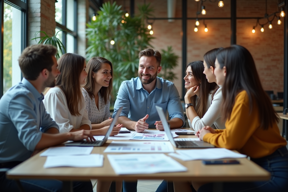 Groupe de jeunes professionnels discutant autour d
