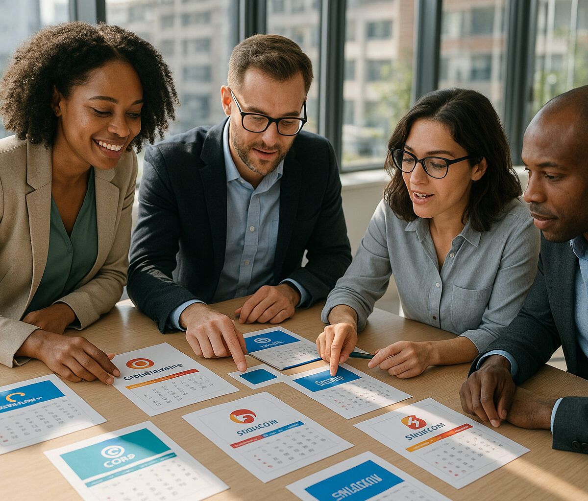 Groupe de professionnels discutant de calendriers promotionnels modernes