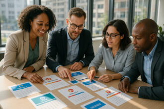 Groupe de professionnels discutant de calendriers promotionnels modernes