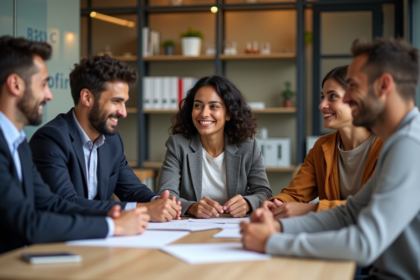 Groupe de jeunes professionnels en réunion dans un bureau moderne