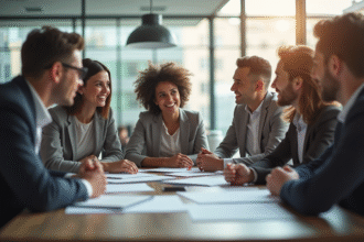 Groupe de jeunes professionnels discutant au bureau