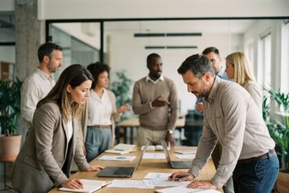 Groupe de professionnels en réunion dans un bureau moderne