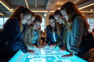 Groupe de jeunes professionnels autour d'une table digitale à Station F