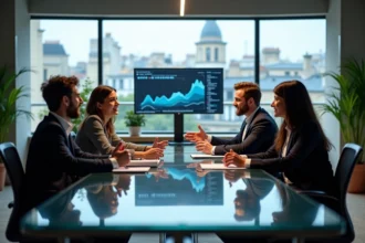 Équipe de professionnels tech chez Groupe SYD réunis en salle de réunion moderne à Paris avec vue sur les toits haussmanniens