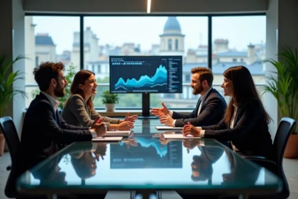 Équipe de professionnels tech chez Groupe SYD réunis en salle de réunion moderne à Paris avec vue sur les toits haussmanniens