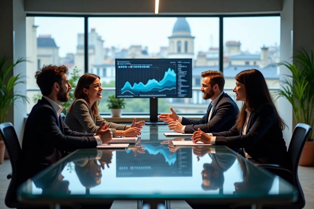 Équipe de professionnels tech chez Groupe SYD réunis en salle de réunion moderne à Paris avec vue sur les toits haussmanniens