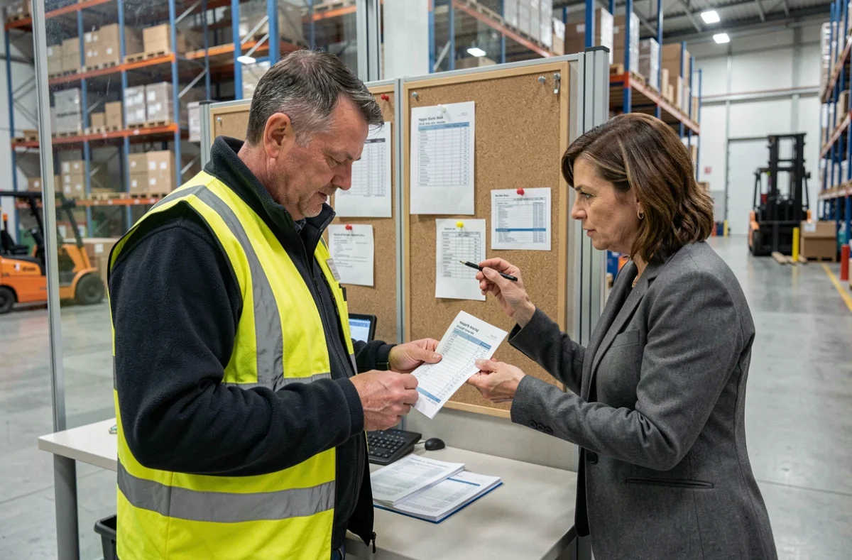Employé logistique et responsable opérationnelle examinant la rémunération des heures de nuit dans un entrepôt industriel