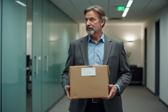 Homme d'affaires avec boîte de départ dans un couloir moderne