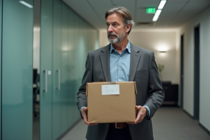 Homme d'affaires avec boîte de départ dans un couloir moderne