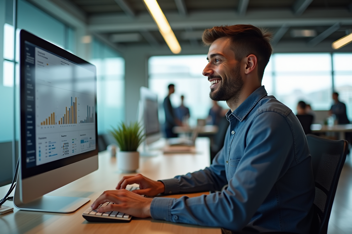 Jeune homme analysant des statistiques web au bureau