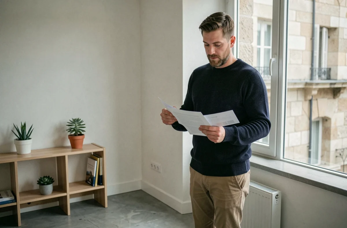 Homme barbu debout à son bureau dans un coin calme d'un coworking de La Rochelle, consultant des documents imprimés