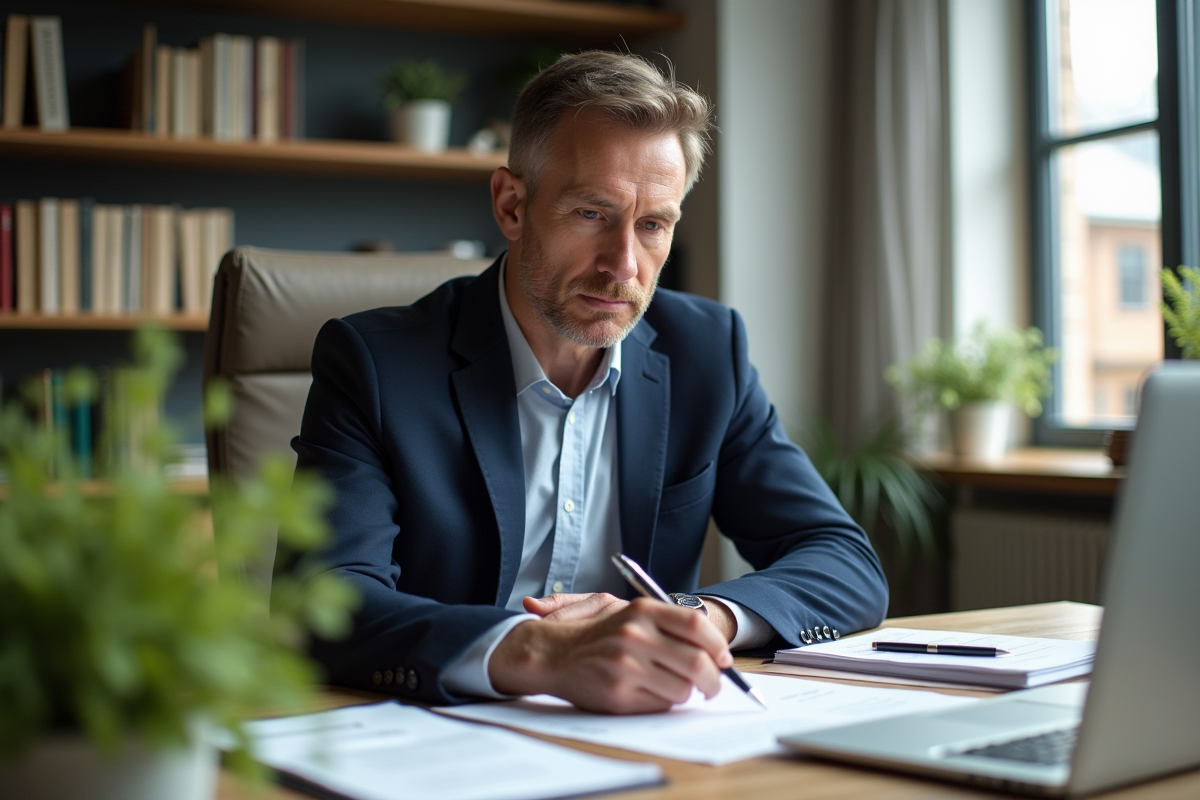 Homme d'âge moyen examinant des documents dans un bureau lumineux
