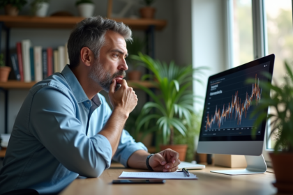 Homme d'âge moyen au bureau regardant un graphique digital