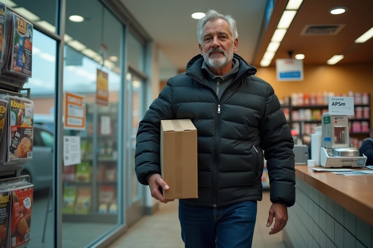 Homme déposant un colis UPS dans une station-service ouverte le week-end