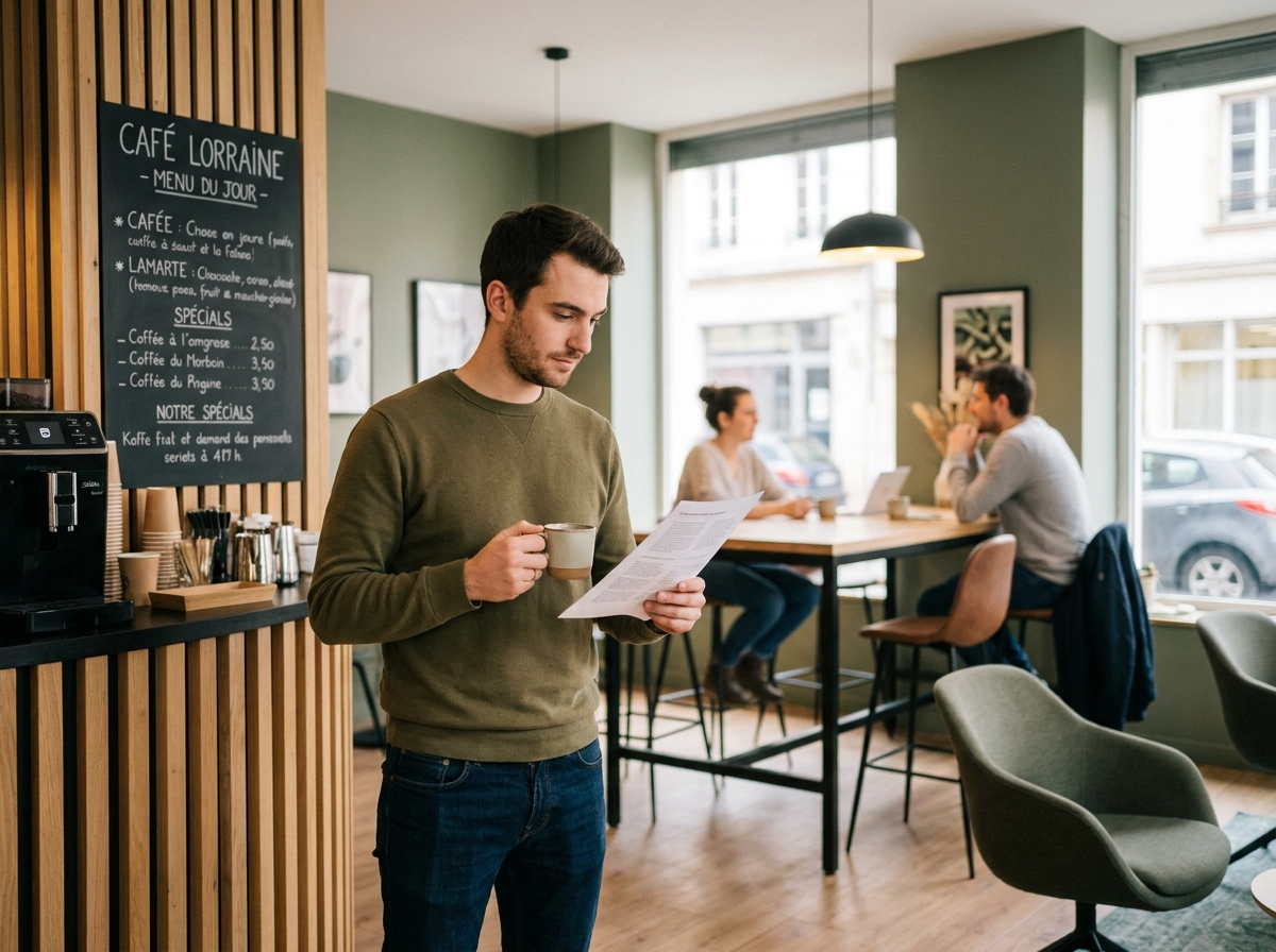 Homme en pull vert consultant un document près de l'espace café d'un coworking à Nancy avec ambiance conviviale et moderne