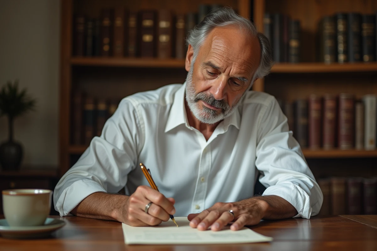 Homme rédigeant une lettre formelle à la main avec une formule de politesse sincère et professionnelle