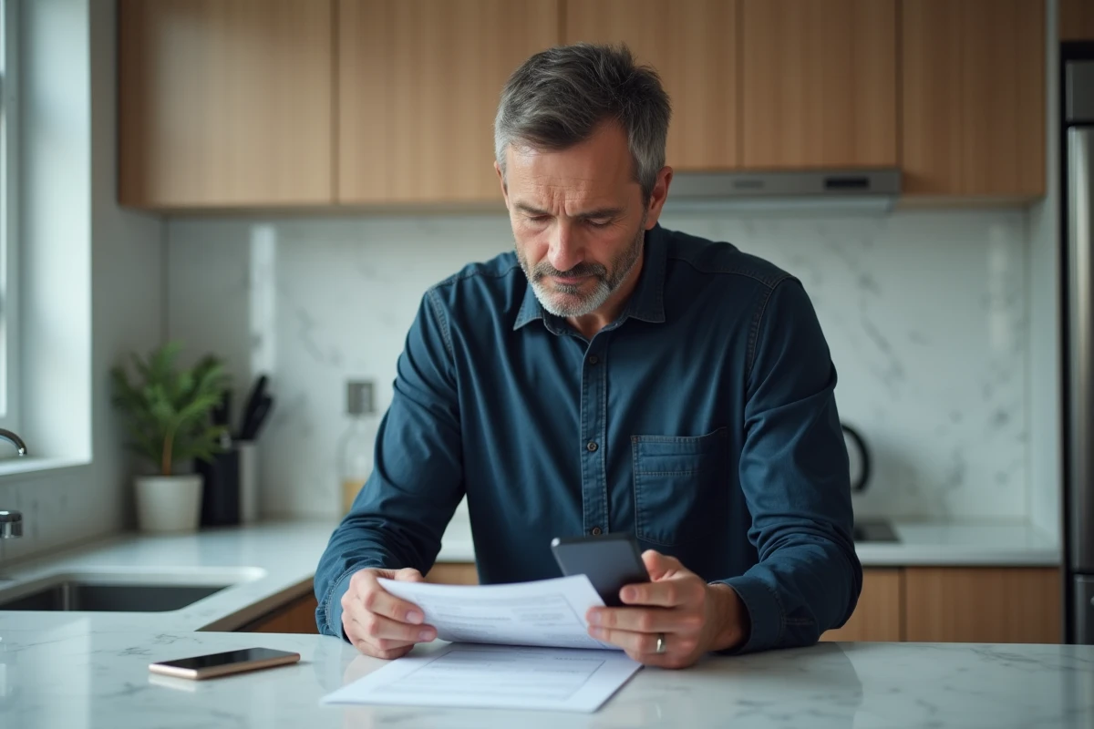 Homme consultant un modèle de message écrit avant d'appeler le support Backmarket dans sa cuisine