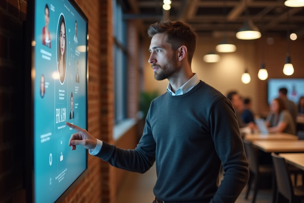 Homme naviguant sur une plateforme professionnelle de rapprochement sur un écran tactile dans un espace de coworking moderne