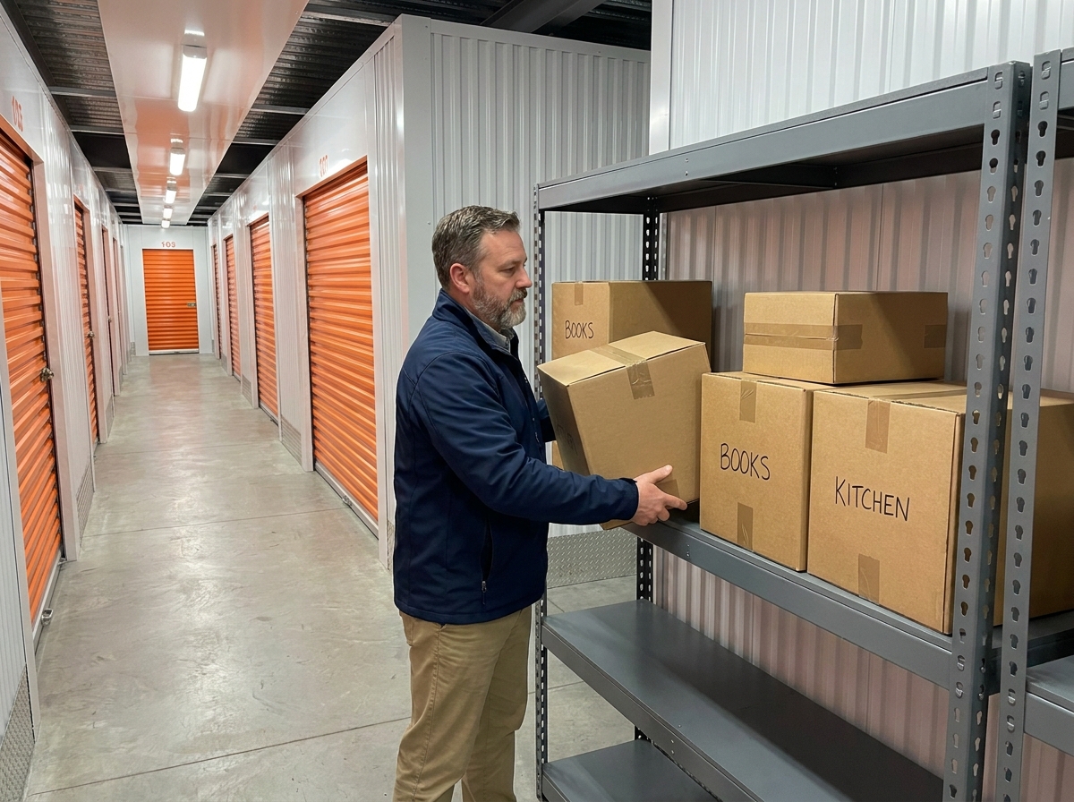 Homme rangeant des cartons dans un espace de stockage organisé