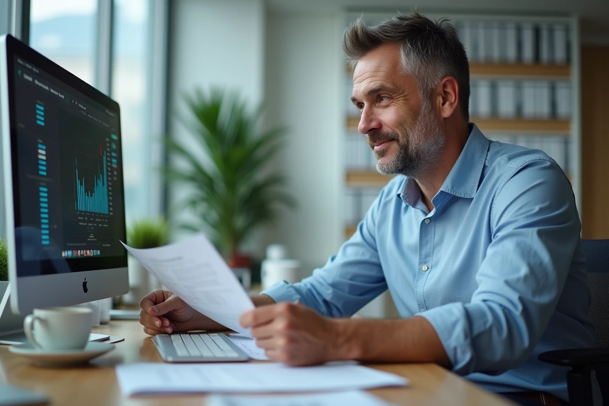 Homme vérifiant des bulletins de salaire dans un bureau lumineux