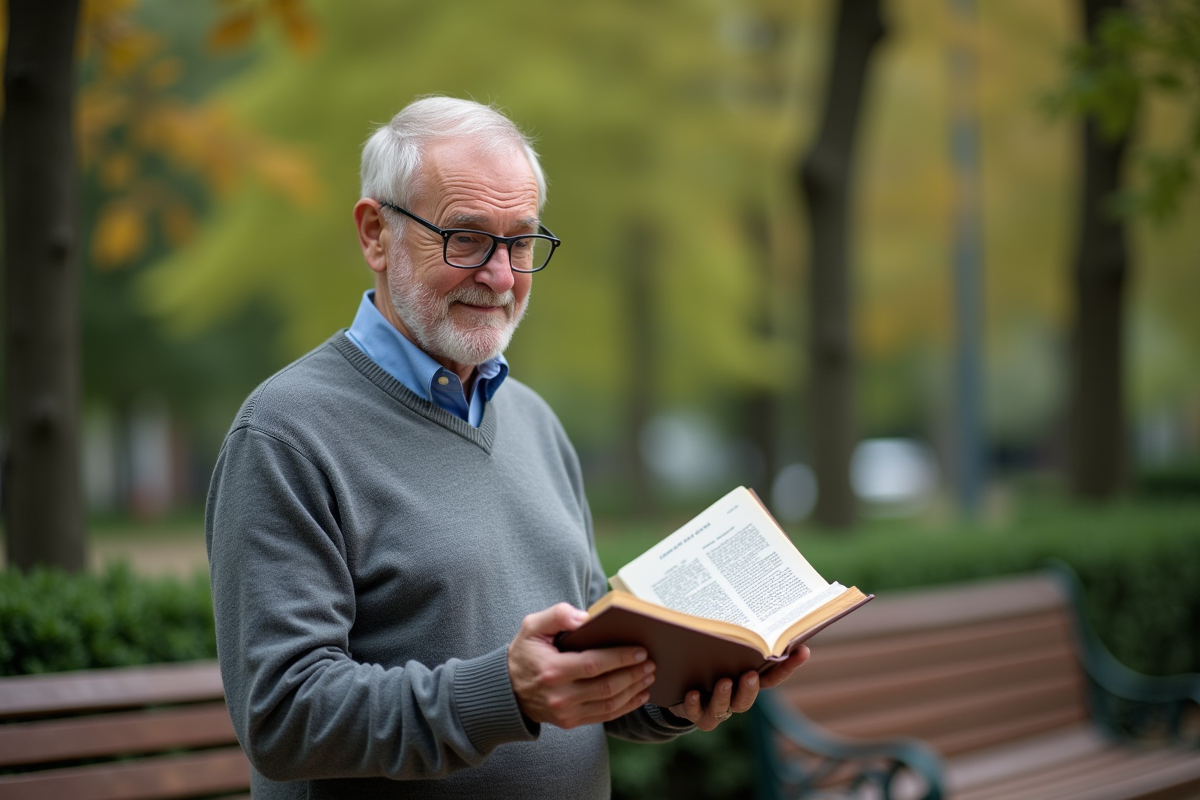 Homme âgé montrant un dictionnaire dans un parc urbain