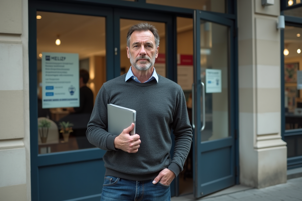 Homme français devant centre Pôle Emploi en extérieur