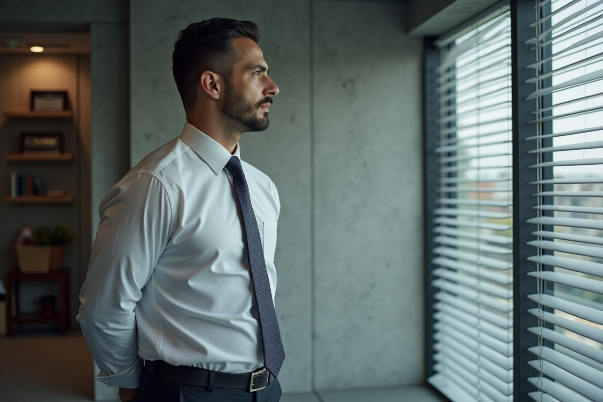Homme d affaires regardant par la fenetre dans un bureau