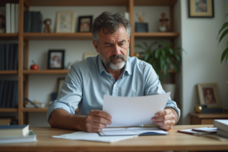 Homme français examine une lettre de rejet dans un bureau à domicile