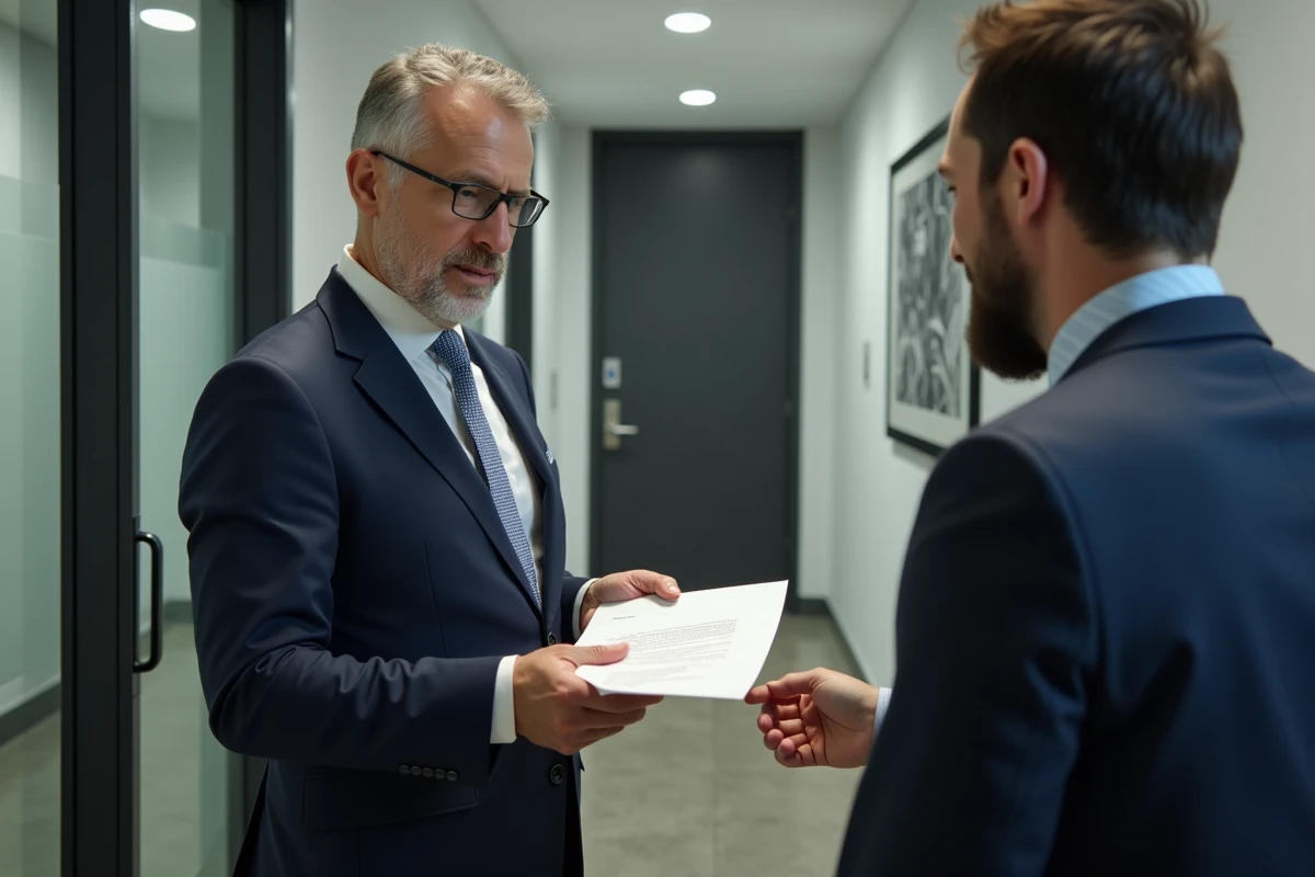 Homme en costume remettant une lettre de demission à son supérieur dans un couloir