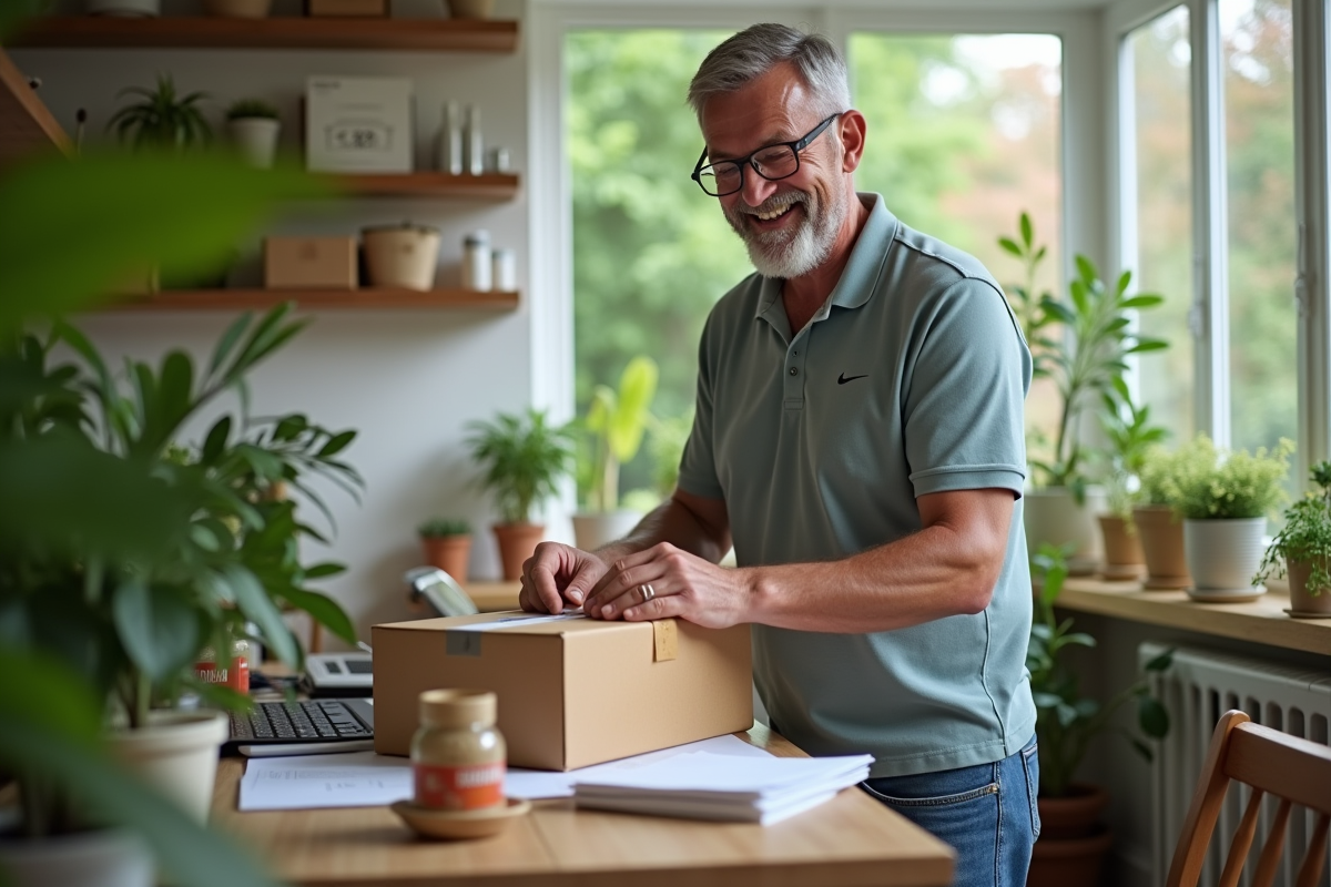Homme scellant un colis dans un jardin intérieur lumineux